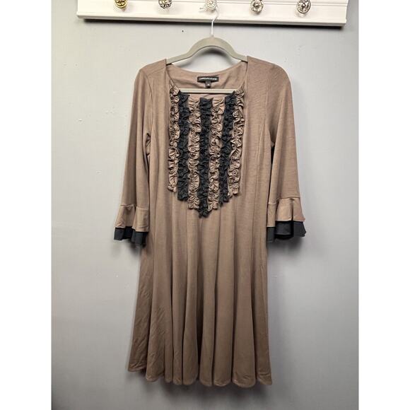 Chris‎ McLaughlin Dress Womens 12 Ruffle Taupe Blue Bell Sleeves Midi Career - Picture 1 of 7